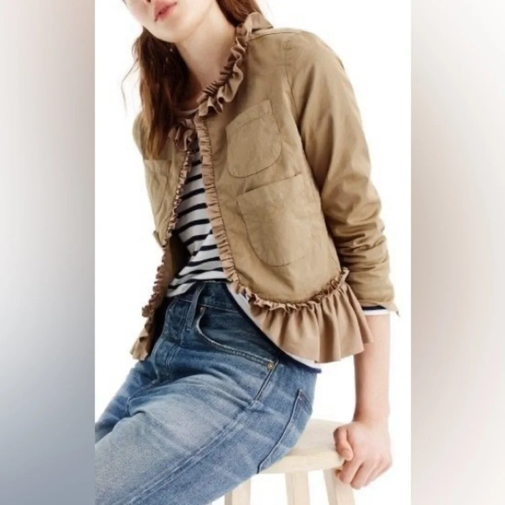 J.Crew Khaki Tan Ruffle Chino Jacket Cotton Casual Size 2 - Picture 2 of 14